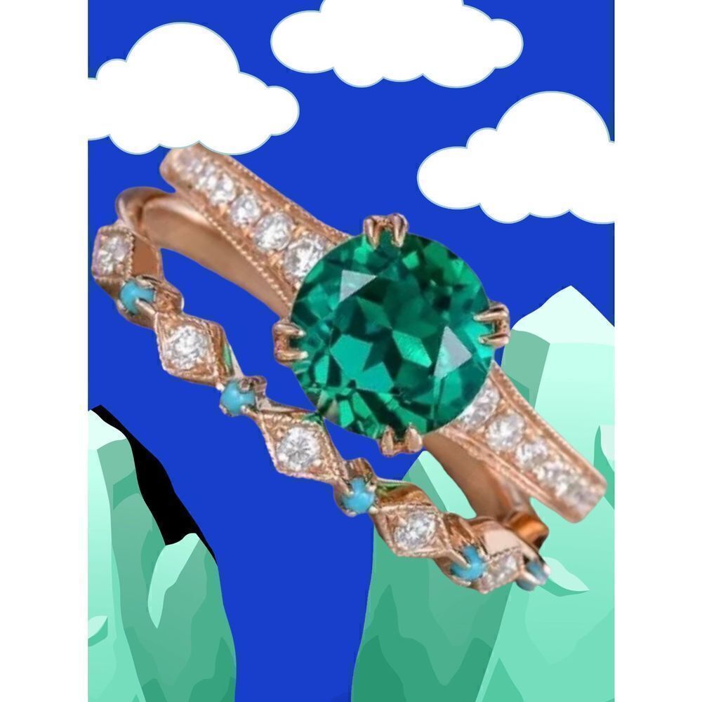 STUNNING 2.05 CTTW ROUND CUT EMERALD ROSE GOLD DIPPED WEDDING SET 7,7,8,9,10